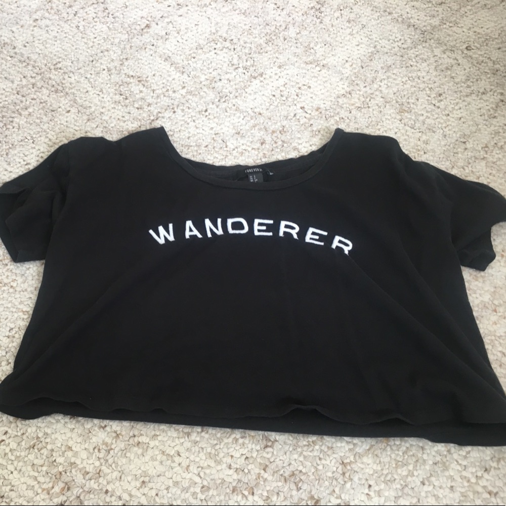 Black short sleeved crop top with white text