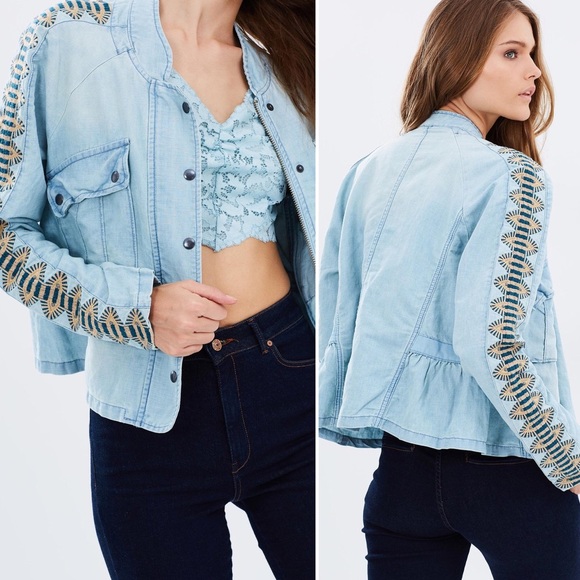 Free People Embroidered Chambray Denim Jacket - Picture 2 of 7