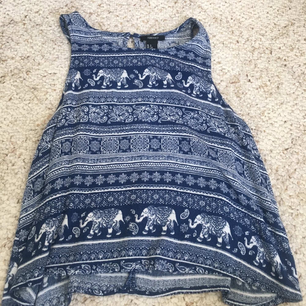 Blue and white printed tank top with keyhole back