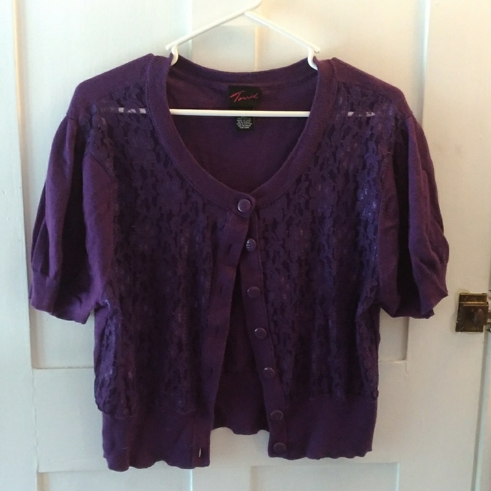 Cropped purple cardigan with sheer lace