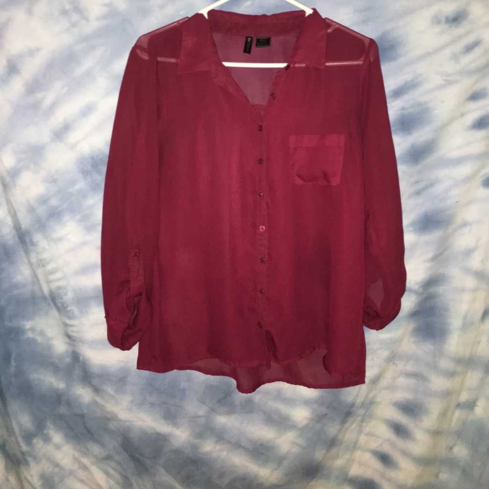 Burgundy shear Button Up w/ Cuffed sleeves