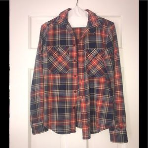 Blue red plaid flannel rugby button up shirt