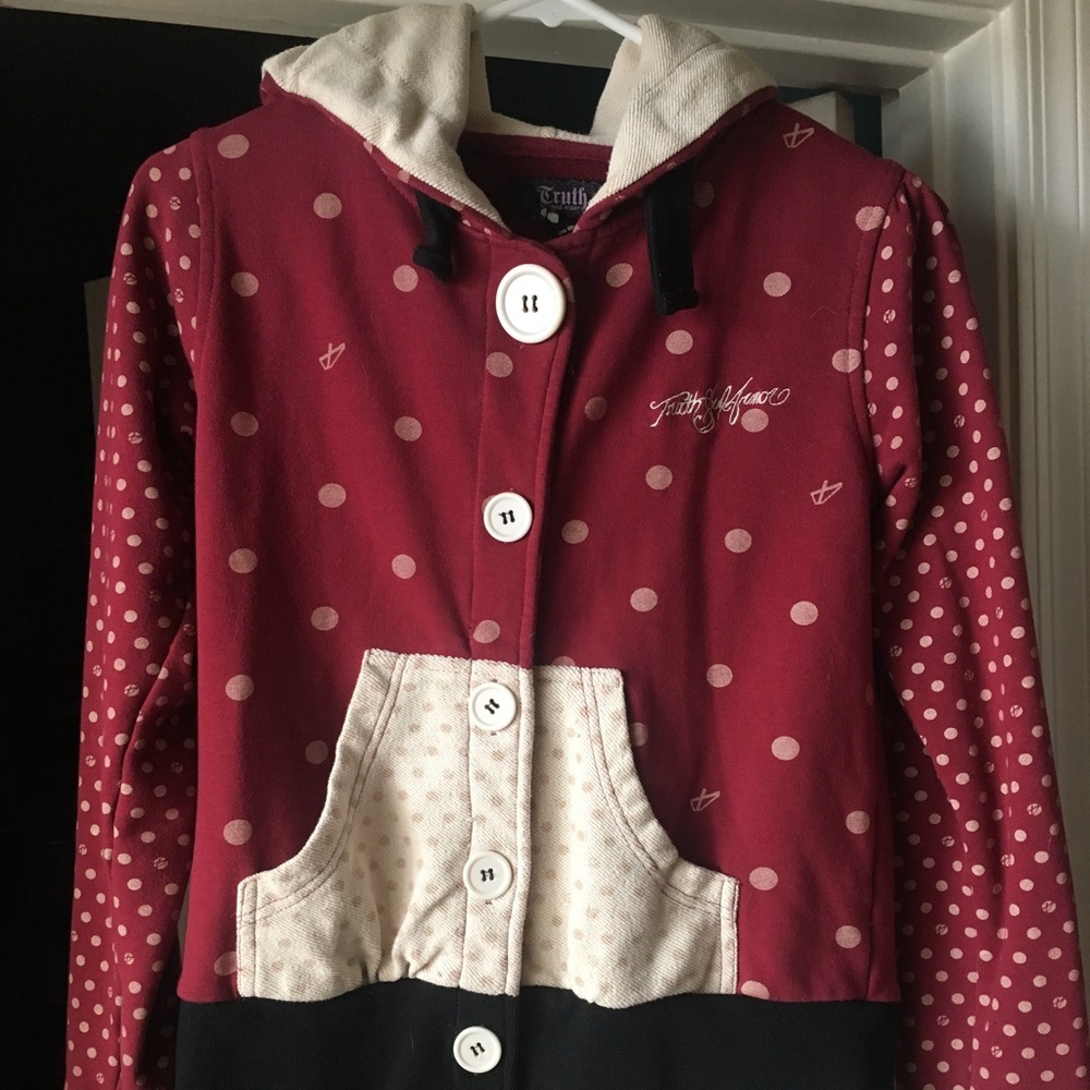 Rad and black large button up hooded jacket
