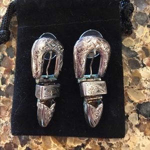 Engraved sterling belt buckle ear rings