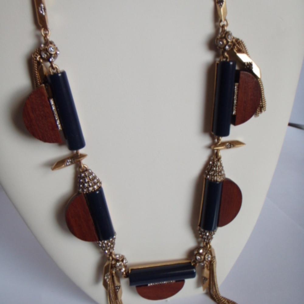 J Crew Rhinestone Tassel Wood Disk Necklace