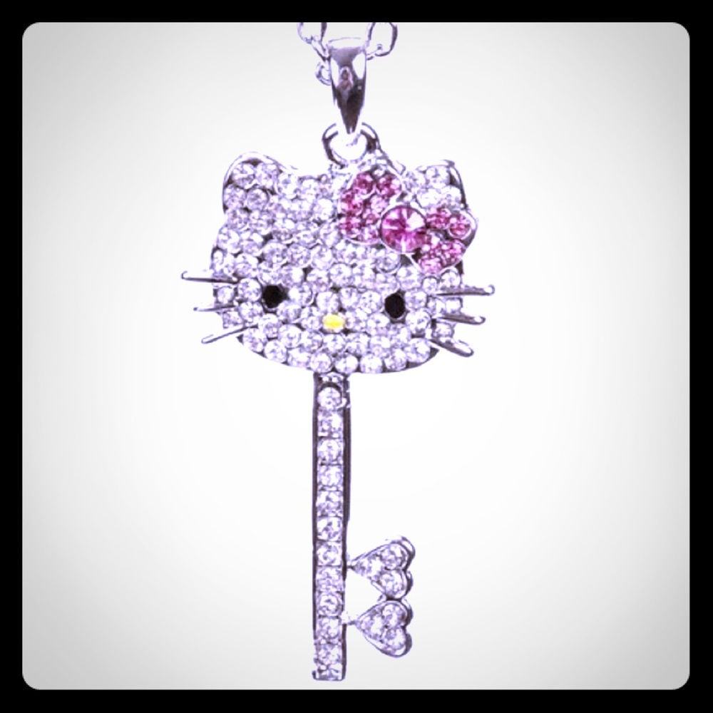 Hello Kitty Silver Necklace Pendant W/ Rhinestones