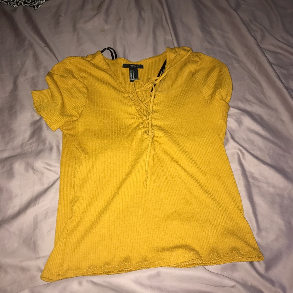 YELLOW LACE UP FOREVER 21 SHIRT🌼☀️