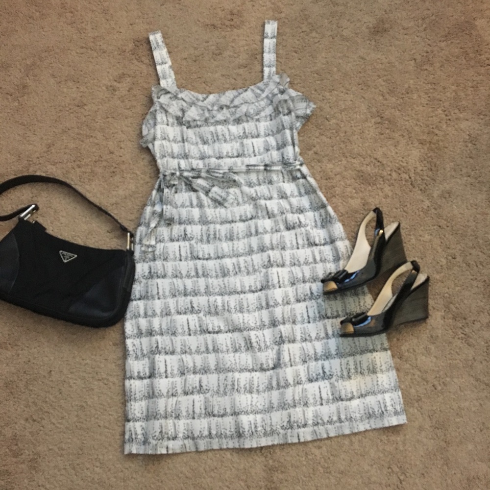 LOFT - White and Black Dress with Ruffled Bodice