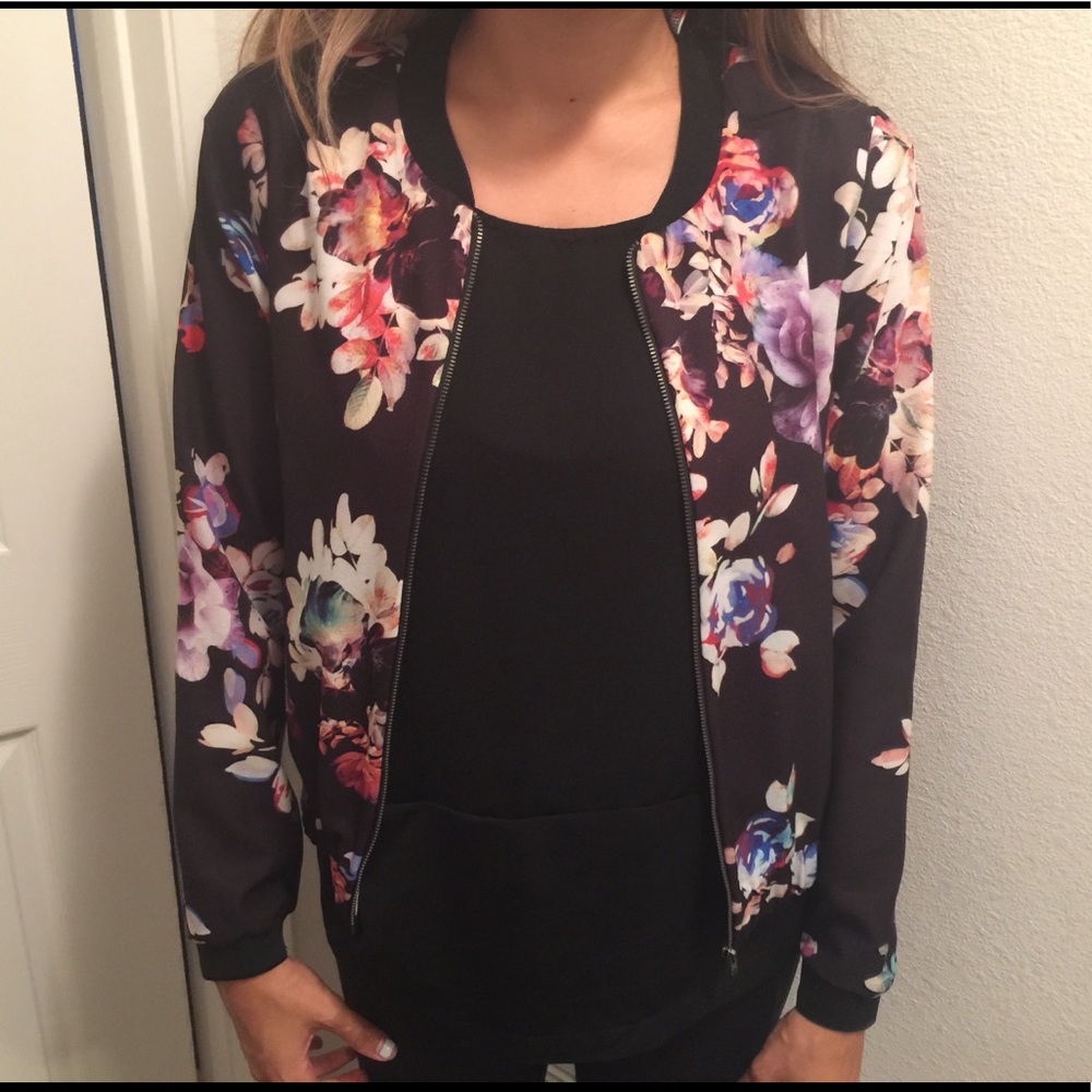 Black Floral Bomber Jacket