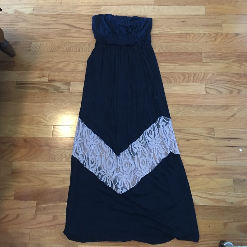 Strapless navy maxi dress with lace detail