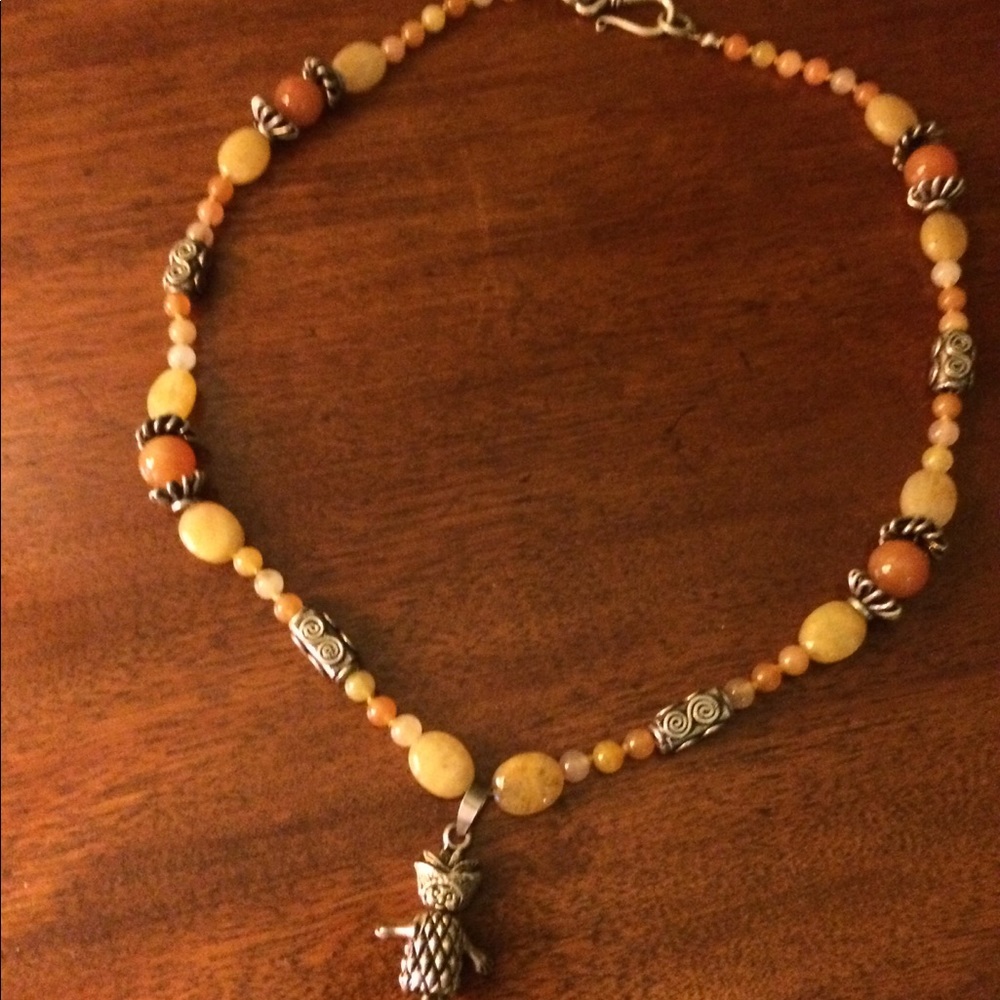 Lemon Jade &Carnelian necklace w/ Silver Pineapple