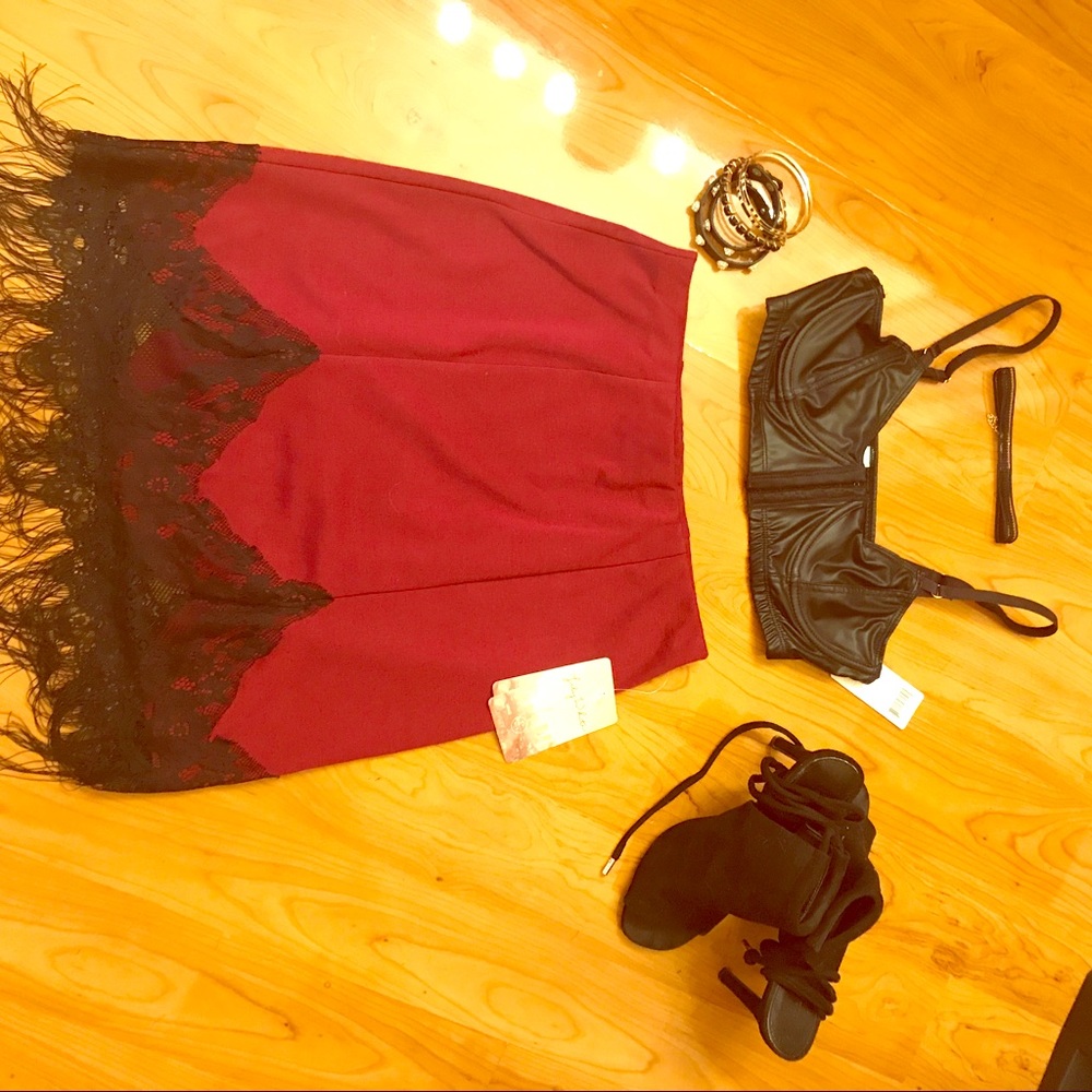 Burgundy fringe skirt