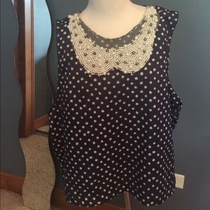 Beaded collar navy polka dot blouse