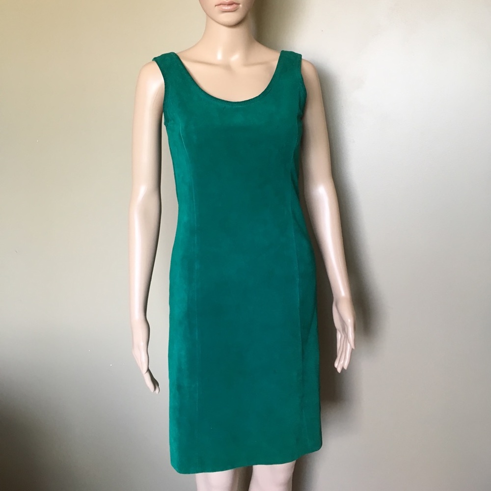 MARQUIS (Canada) green leather sheath dress.