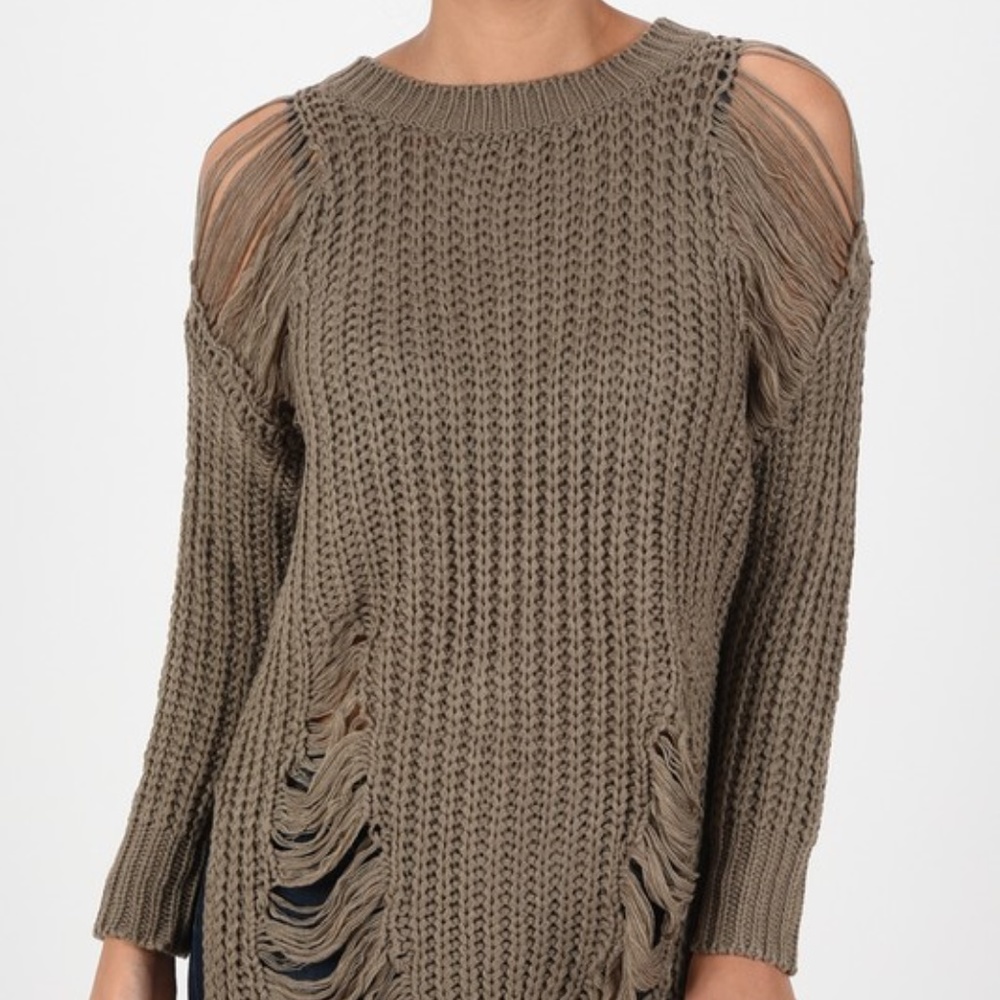 !!LAST ONE!! Taupe Distressed Sweater S M L - Picture 2 of 6
