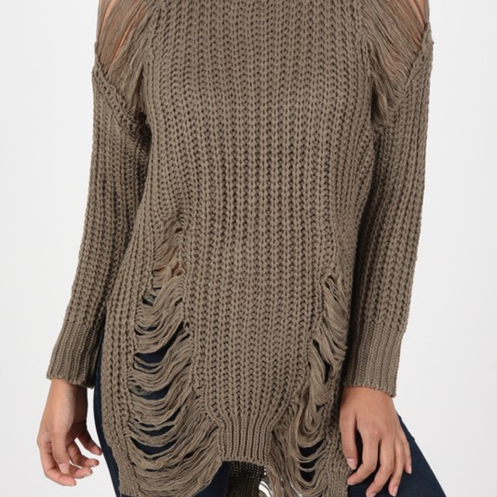 !!LAST ONE!! Taupe Distressed Sweater S M L - Picture 6 of 6