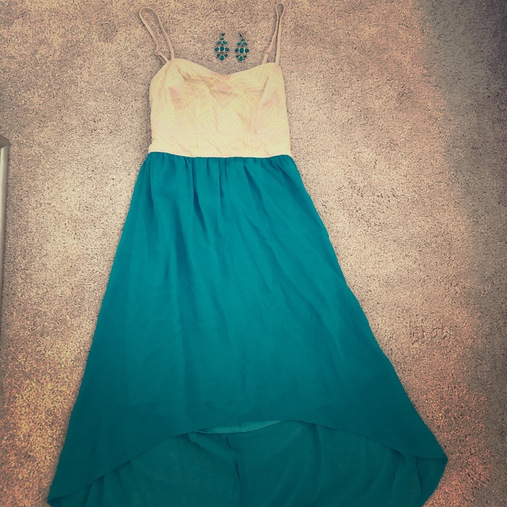 Teal and tan backless dress