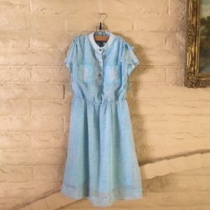 baby blue vtg floral 70s pastel midi flutter dress
