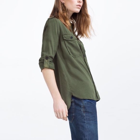 Zara Tops - Zara green military style shirt size small