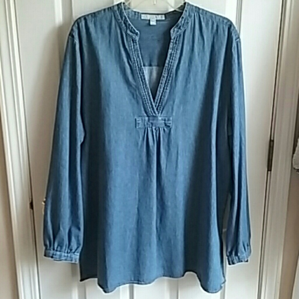Reduced♡Deep V banded collar denim tunic