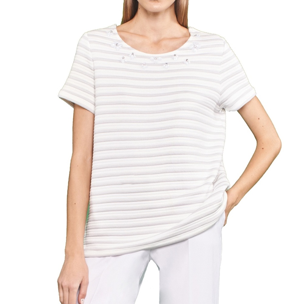 White Striped T-Shirt With Crystal Embellishment