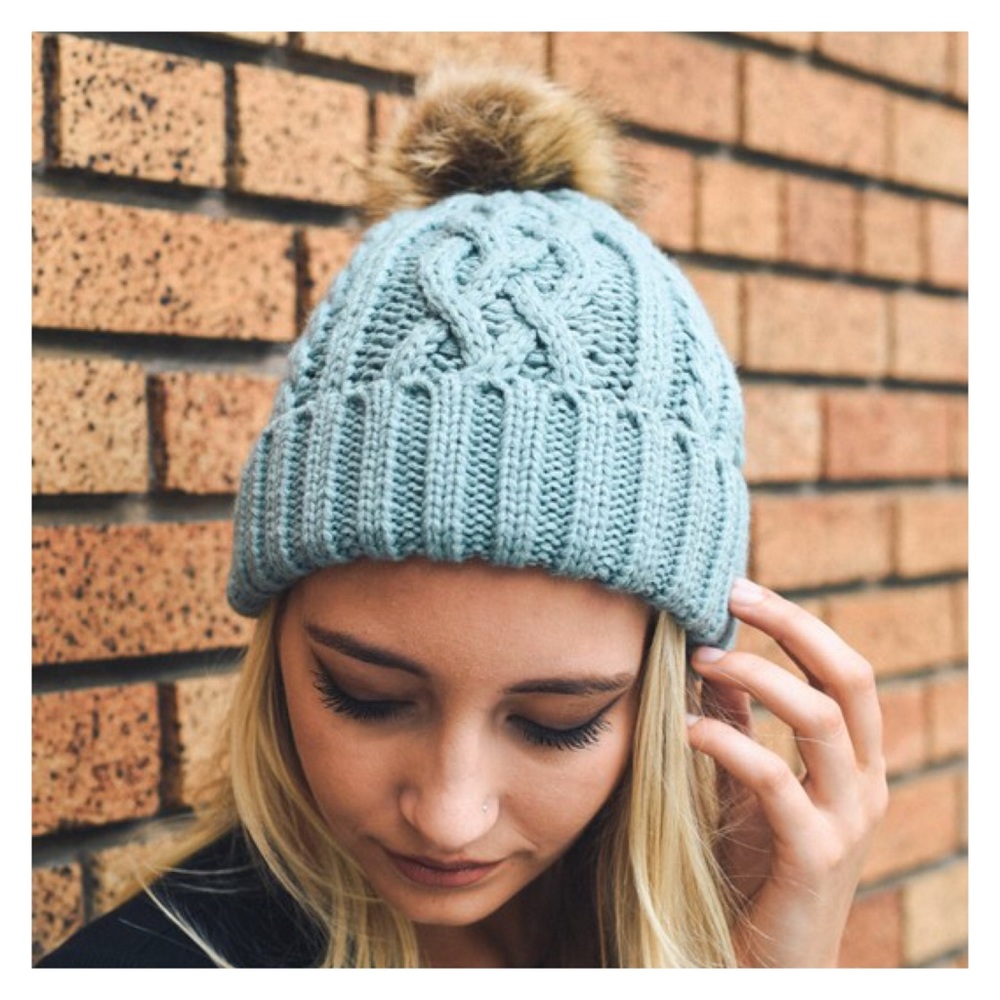 New Arrival- Mint Cable Knit Pom Pom Beanie - Picture 1 of 3