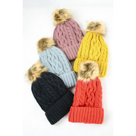 New Arrival- Mint Cable Knit Pom Pom Beanie - Picture 3 of 3