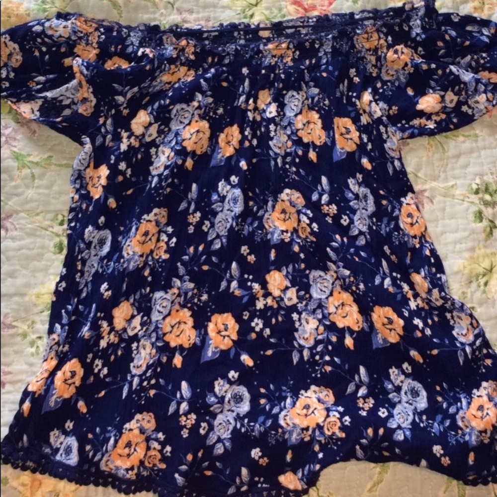 navy and floral off the shoulder top