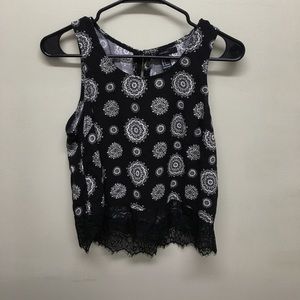 Black tank top with off white design/ lace bottom