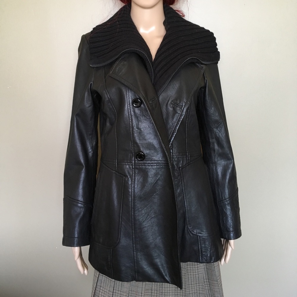 CALVIN KLEIN black leather coat jacket.