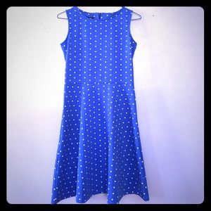 Blue and white fit and flare polka dot dress
