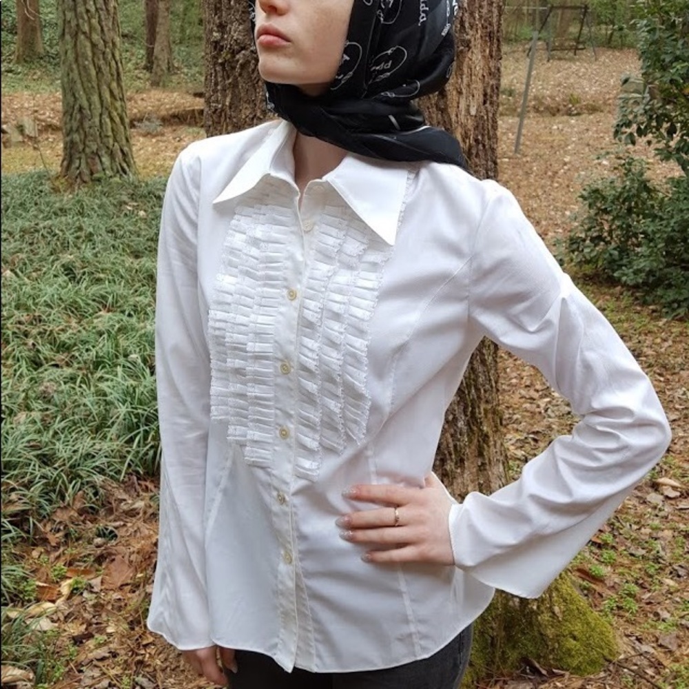 White Valentino Blouse w/ Tuxedo Ruffles