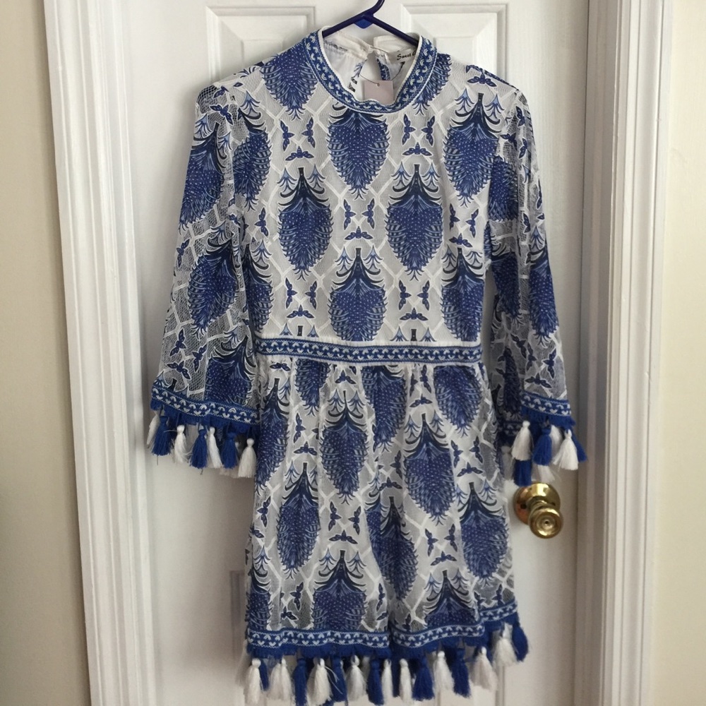 NWT blue and white tassel Romper!