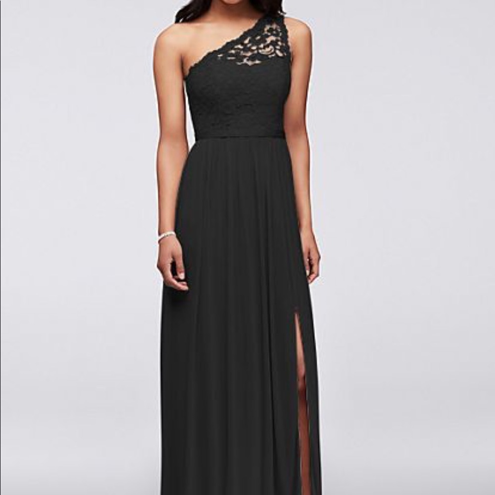 Davids Bridal one shoulder black prom dress