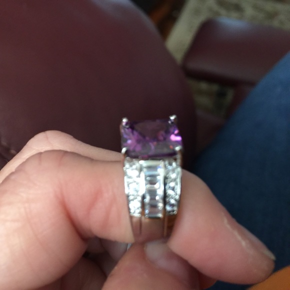 REDUCED-Amethyst SS ring /w cz's on the sides - Picture 2 of 2