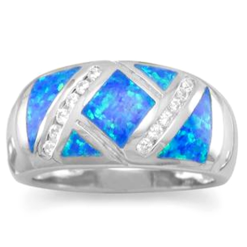 SYNTHETIC BLUE OPAL CZ STERLING SILVER RING