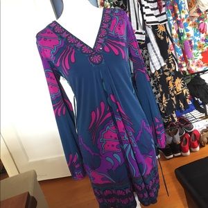 Hale Bob teal blue purple paisley mini tie dress