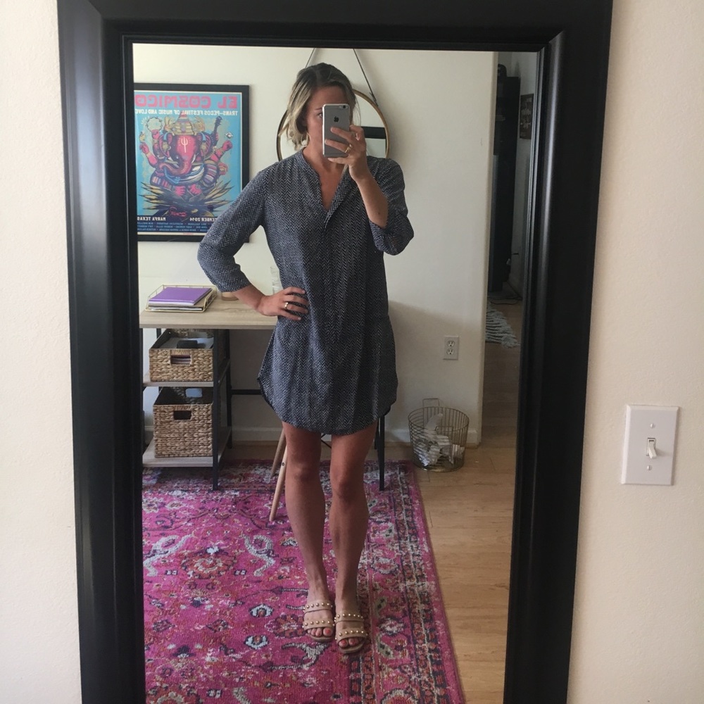 Navy silk printed shirt dress