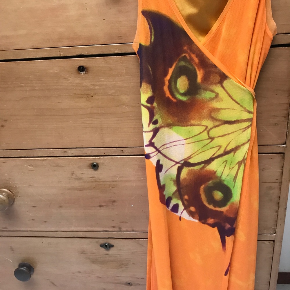 Orange Butterfly print wrap dress