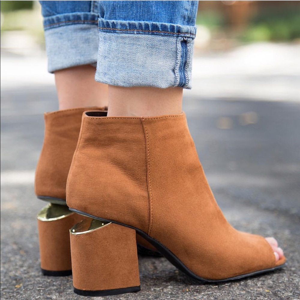 Cognac Peep Toe Gold Accent Block Heel Ankle Boots