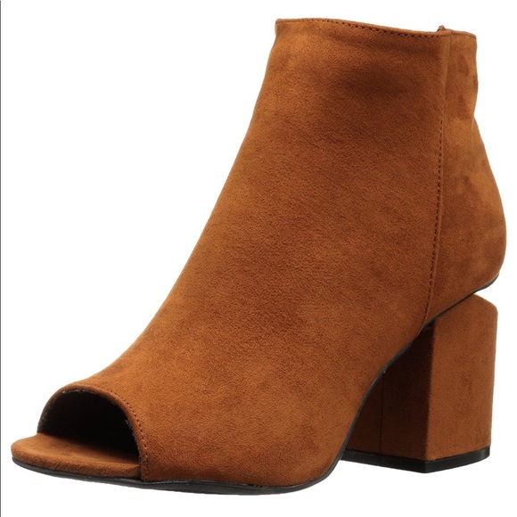 Cognac Peep Toe Gold Accent Block Heel Ankle Boots - Picture 2 of 5