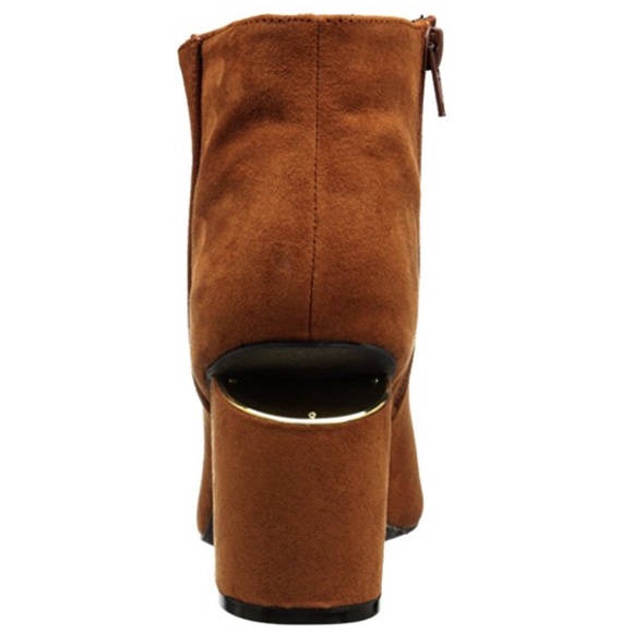 Cognac Peep Toe Gold Accent Block Heel Ankle Boots - Picture 3 of 5