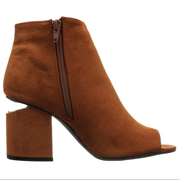 Cognac Peep Toe Gold Accent Block Heel Ankle Boots - Picture 4 of 5