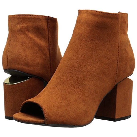 Cognac Peep Toe Gold Accent Block Heel Ankle Boots - Picture 5 of 5