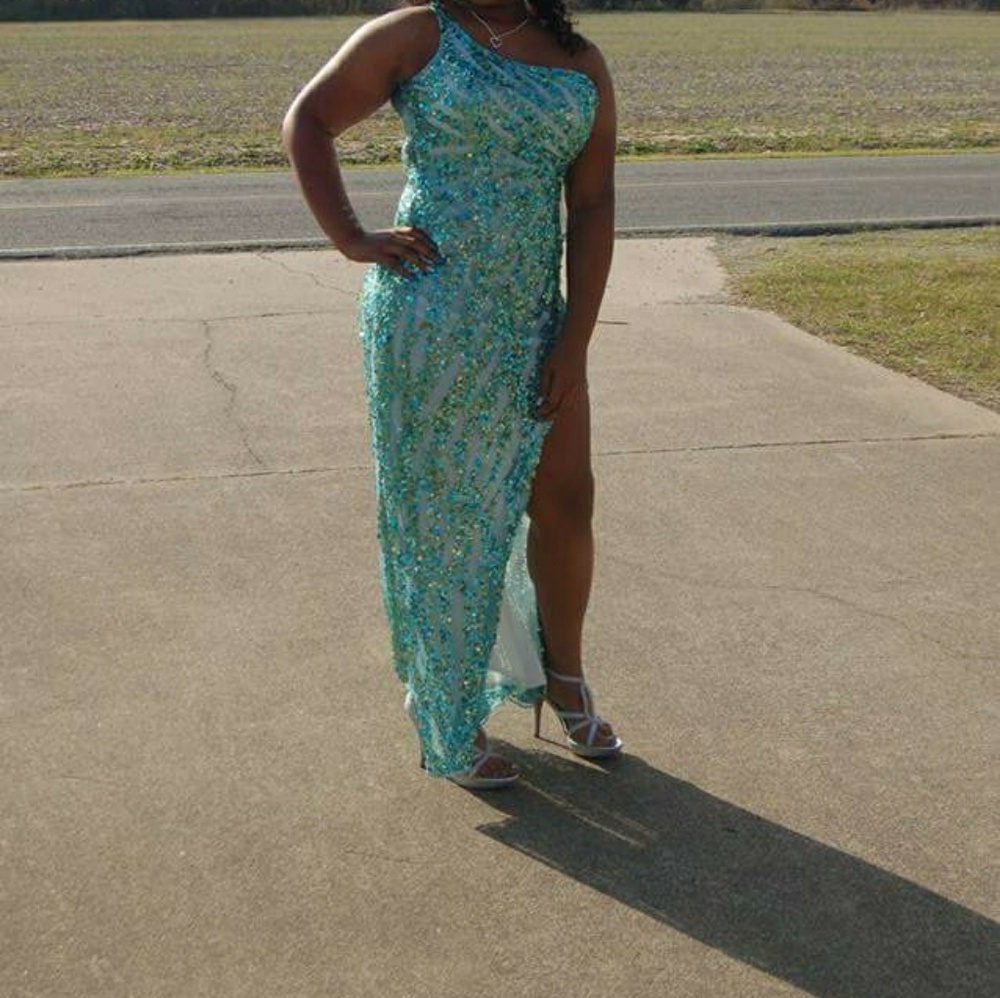 One shoulder MacDuggal formal party gown.