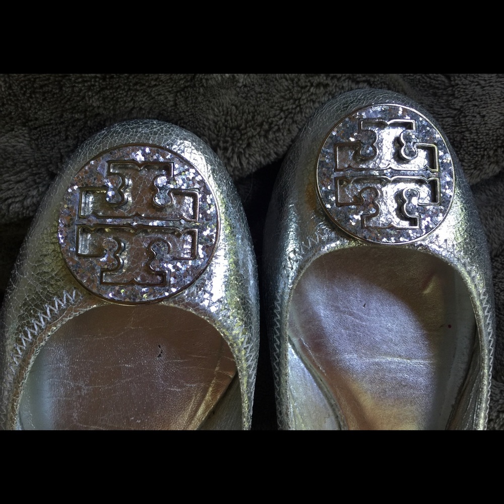 Crackled Silver Tory Burch Flats Glittered Logo 8