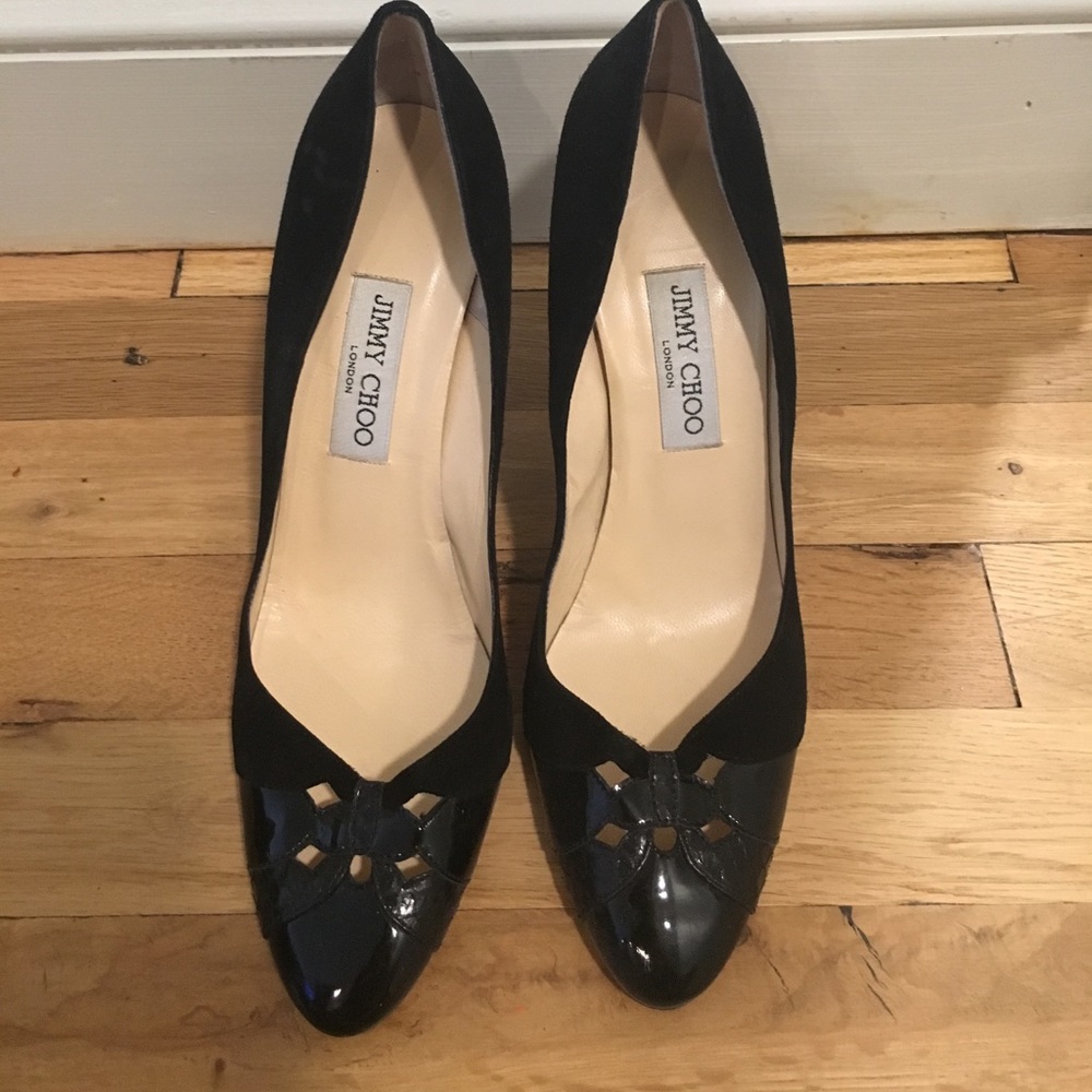 Jimmy Choo black suede shoes with patent open toe