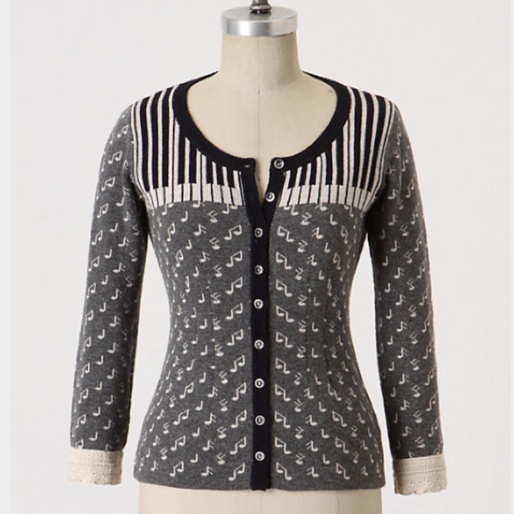 Anthropologie Field Flower Piano Music Notes Cardigan Sweater S Teacher RARE