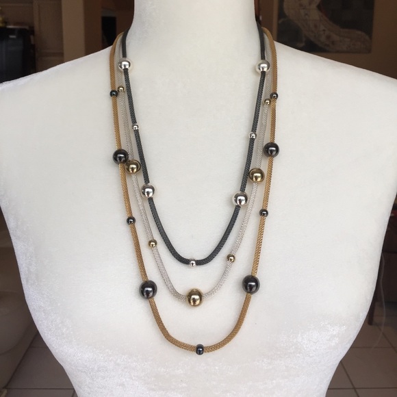 Triple Strand Multi-tone Beaded Mesh Necklace - Picture 2 of 3