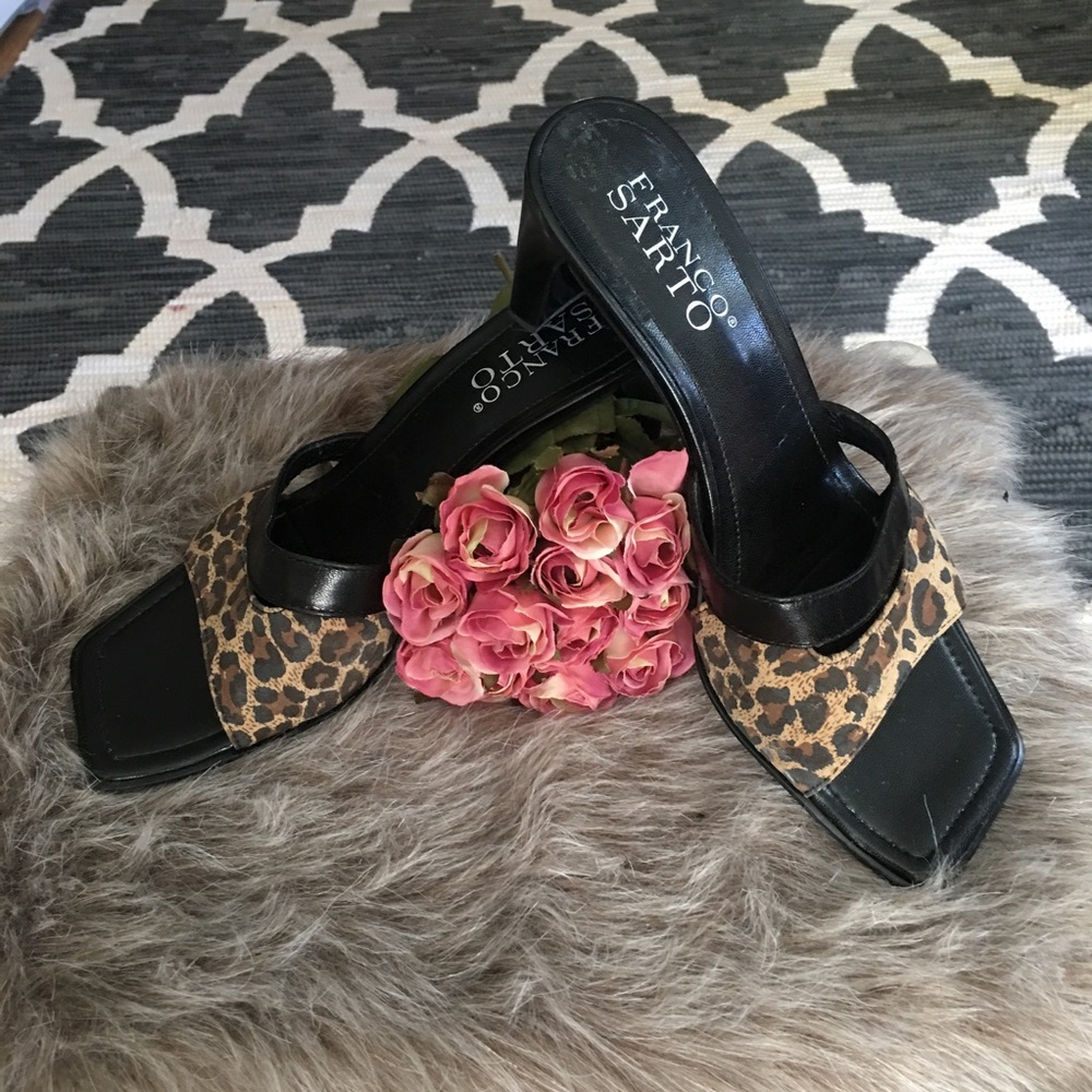 Franco Sarto Leopard & Black Mules Heels Shoes